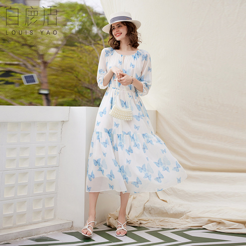 白鹿语蝴蝶印花七分袖长裙夏季法式温柔风本布腰带连衣裙,女装/女士精品,连衣裙,淘宝优惠券,粉丝福利购,淘宝优惠卷