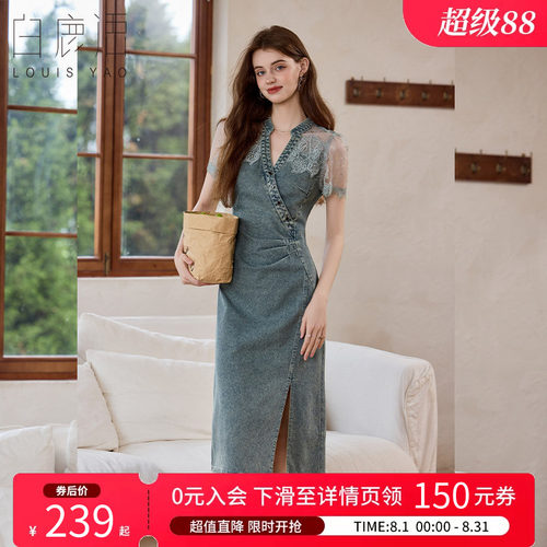 白鹿语法式夏款蕾丝牛仔连衣裙