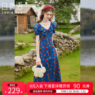 白鹿语度假风法式 显瘦荷叶边连衣裙 甜美碎花长裙25夏新款 V领修身
