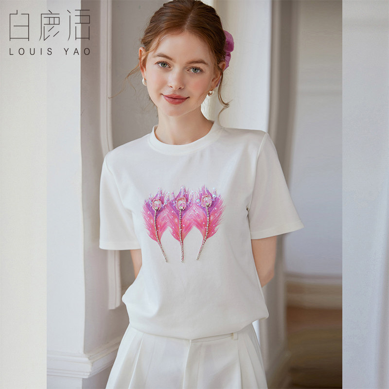白鹿语重工钉珠亮片印花上衣25夏季气质显瘦圆领百搭短袖女式T恤,女装/女士精品,T恤,淘宝优惠券,粉丝福利购,淘宝优惠卷