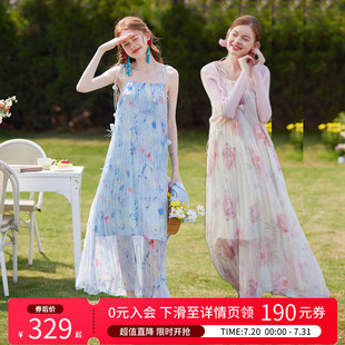 披肩女套装 白鹿语度假风仙女裙甜美花朵吊带裙轻薄两件套25夏新款