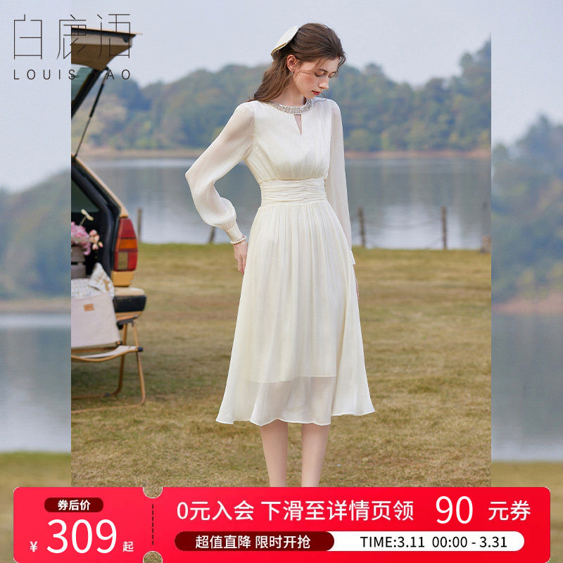 白鹿语法式千金风白色连衣裙26春新款温柔修身收腰气质优雅长裙