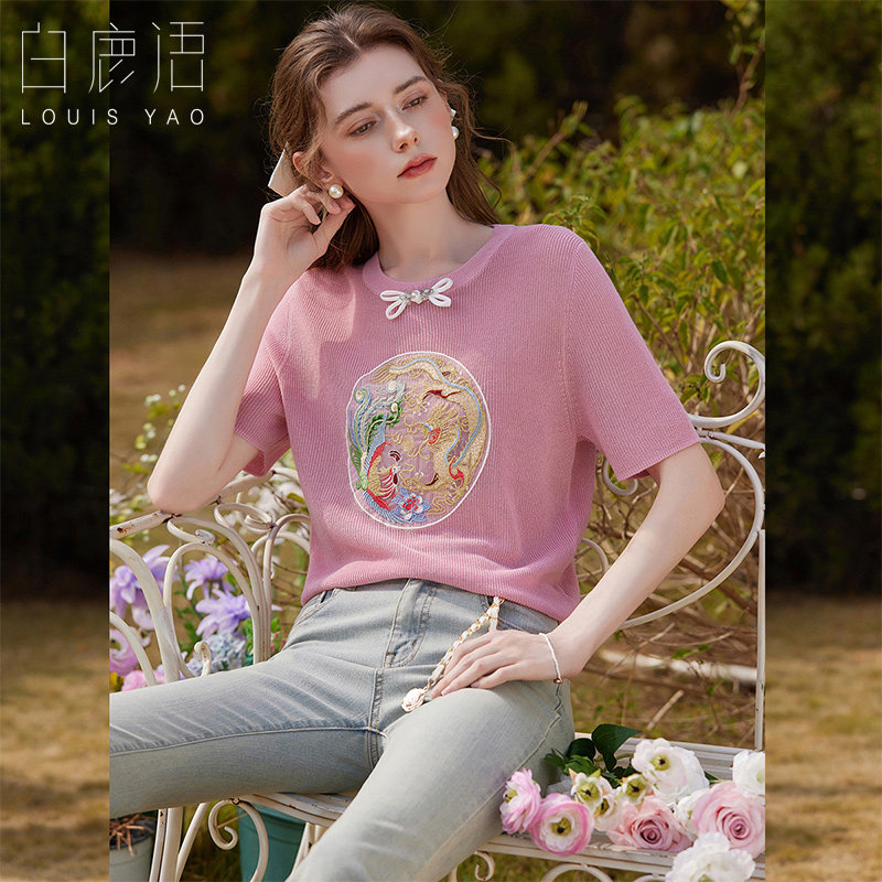 白鹿语中国风贴布绣花上衣2025夏款圆领套头盘扣短袖针织衫女,女装/女士精品,毛针织衫,淘宝优惠券,粉丝福利购,淘宝优惠卷