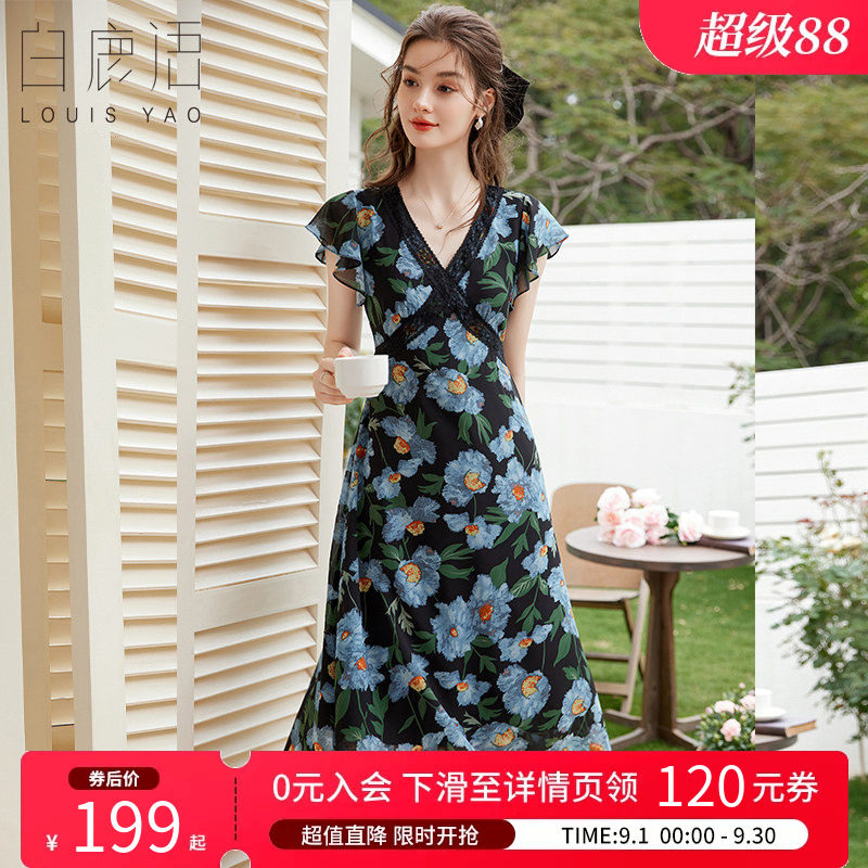 白鹿语 复古油画感碎花裙茶歇裙 2026夏V领蕾丝荷叶边印花连衣裙