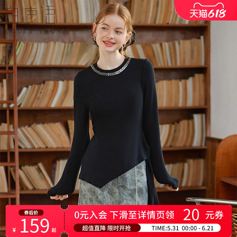 白鹿语亮片链条装饰圆领T2025春款时尚长袖系带微弹修身女式T恤