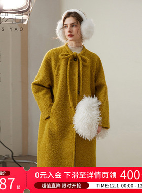 白鹿语时尚气质抽绳系带圆领外套2024冬新款落肩宽松长款女式大衣