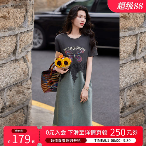 白鹿语印花牛仔拼接连衣裙