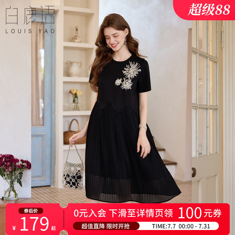 白鹿语气质重工立体珠花连衣裙女