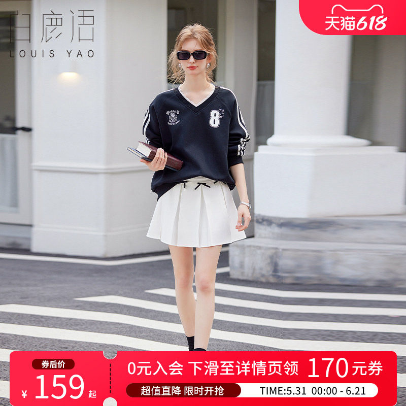 白鹿语甜美蕾丝拼接V领卫衣春款字母印花宽松休闲上衣女