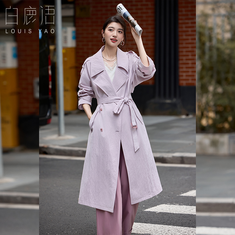 白鹿语设计感紫色长款风衣