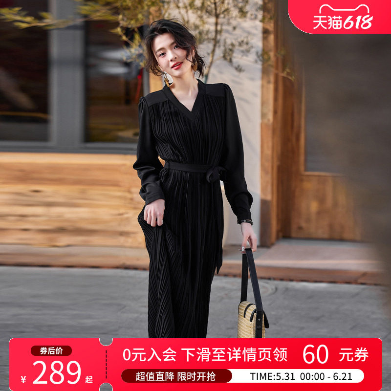 白鹿语高级感OL风西装长裙2025春款通勤优雅正式腰带收腰连衣裙