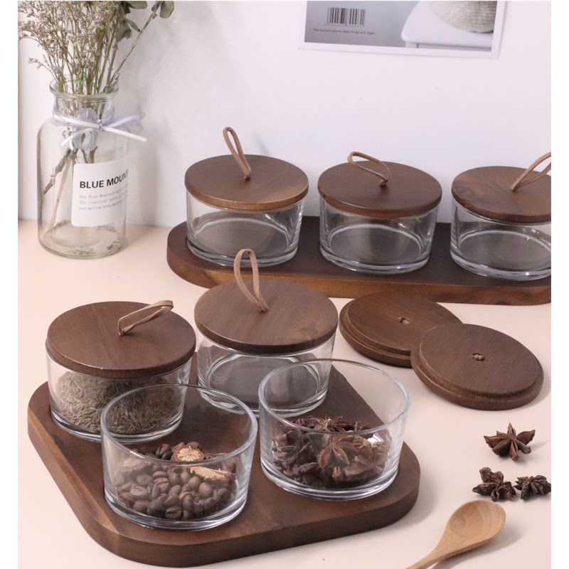 中式实木盖子坚果储藏罐餐厅纯白色家用调料瓶透明玻璃零食收纳罐