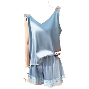 冰丝吊带背心睡衣套装女两件夏季薄款蕾丝性感外穿绸缎家居服套装