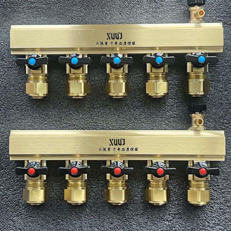 黄铜一体加厚全套家装大流量地暖分水器全铜大口径地热分水器全套