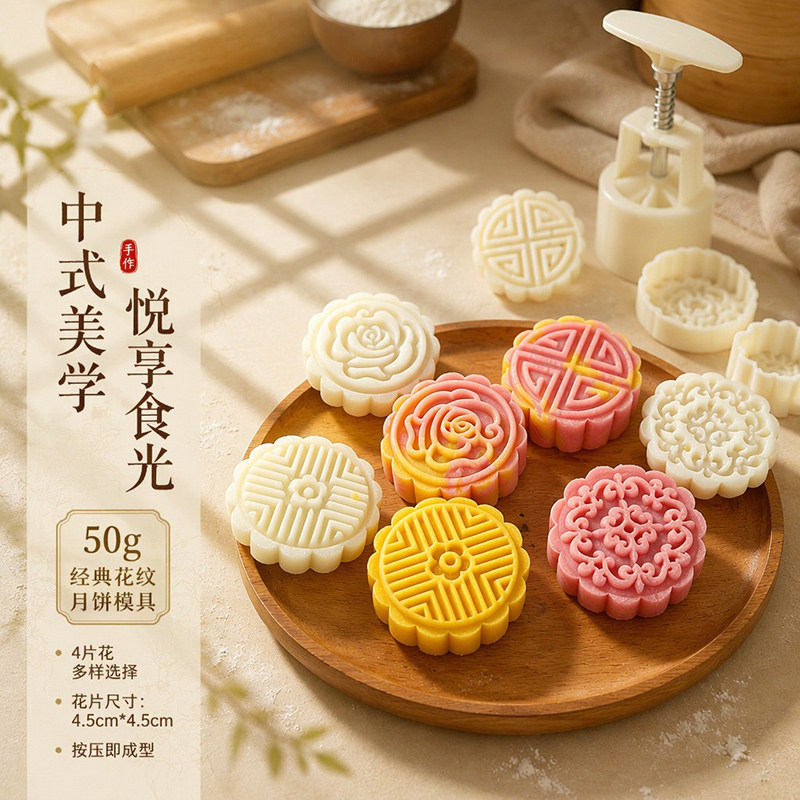 月饼模具2026新款经典花纹50g家用手压式桃山皮冰皮月饼烘焙工具
