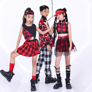 女童t台走秀潮酷模特格纹款六一儿童表演服装女团爵士舞演出服装