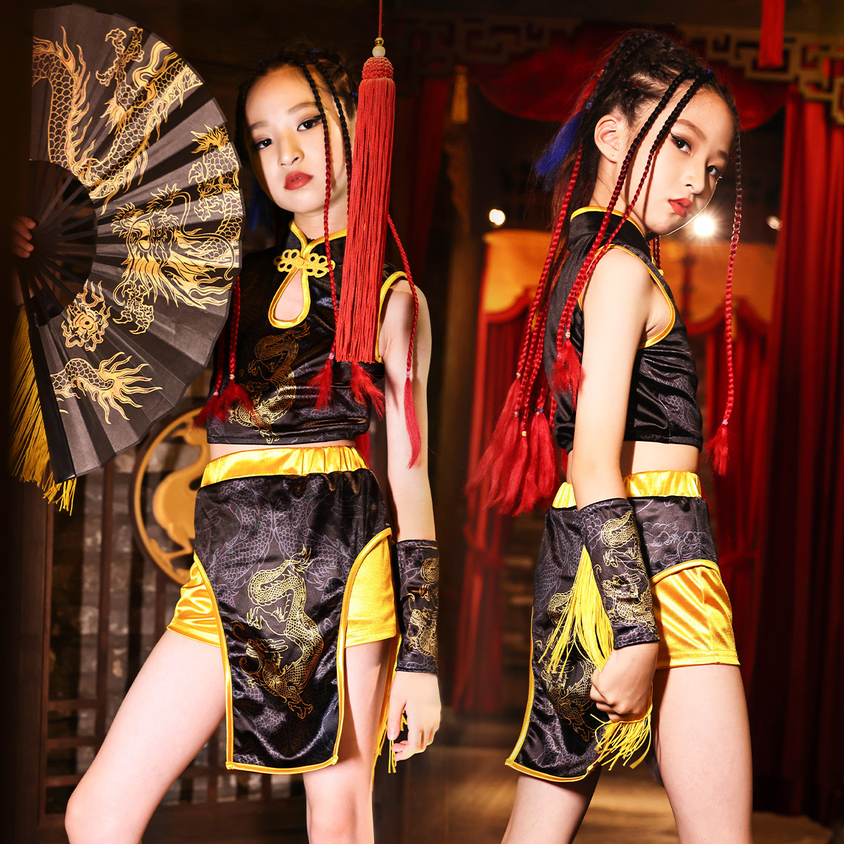 舞蹈服女童夏t台走秀潮服国潮时尚爵士舞中国风表演服儿童演出服