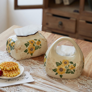 美式复古向日葵手提纸巾盒陶瓷客厅抽纸盒纸抽盒创意高档摆件艺术