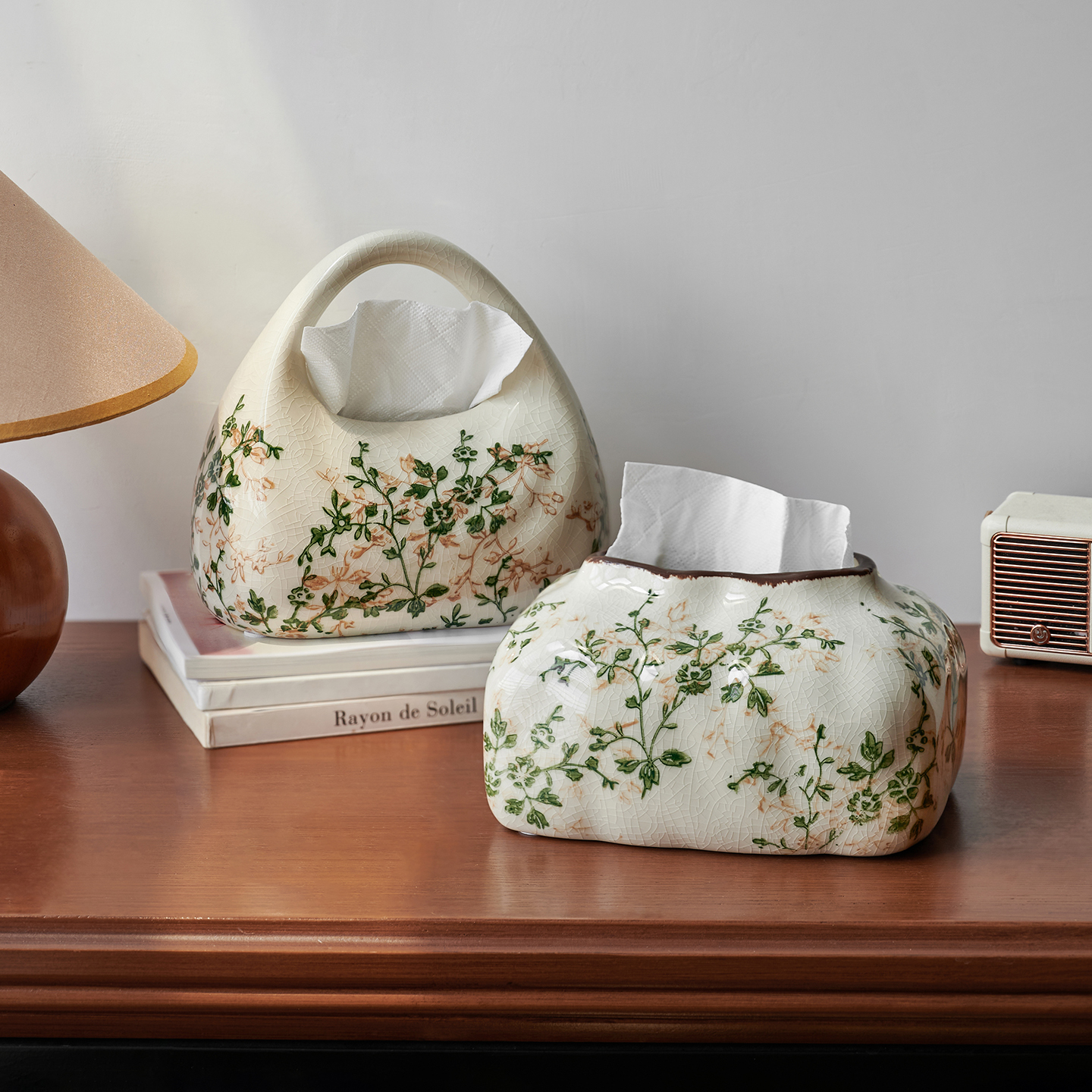 繁花复古手提纸巾盒陶瓷冰裂纹