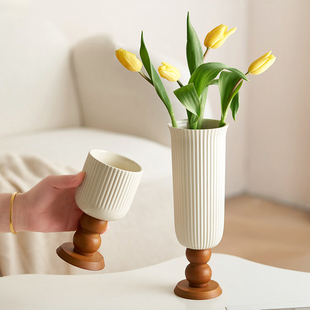 奶白色陶瓷花瓶高脚高级感餐桌水养鲜花摆件客厅插花仿真花郁金香
