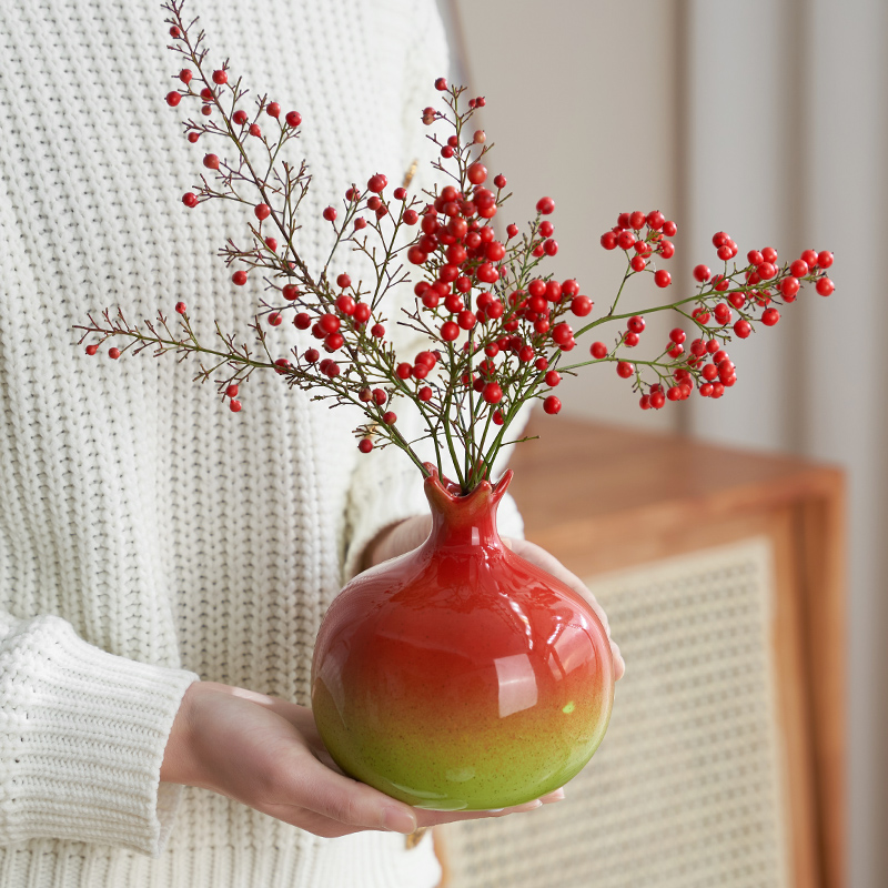 红色石榴陶瓷花瓶小摆件客厅插花