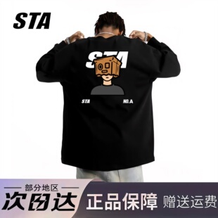 STA旗舰店美式盒子男孩印花长袖男女潮牌高街纯棉黑色情侣卫衣