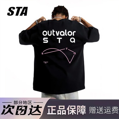 STA旗舰店潮牌美式字母短袖男女夏季重磅纯棉情侣休闲黑色t恤ins