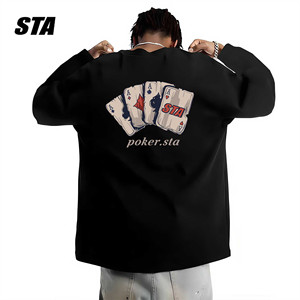STA旗舰店扑克牌长袖T恤男女秋冬季美式潮牌重磅纯棉情侣宽松卫衣