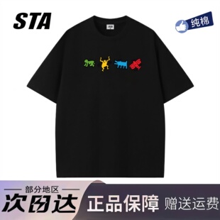 宽松重磅纯棉黑色情侣t恤 男女夏季 STA旗舰店美式 潮牌小众设计短袖