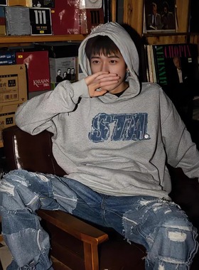 STA旗舰店刺绣牛仔LOGO破坏连帽卫衣男女美式潮牌重磅纯棉帽衫