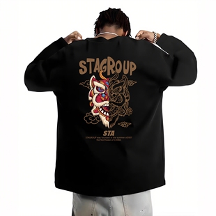 STA旗舰店醒狮长袖T恤男女秋冬季美式潮牌复古重磅纯棉宽松卫衣