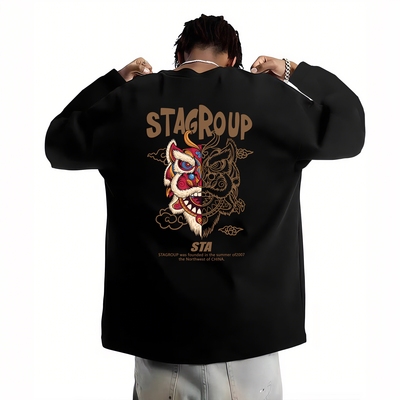 STA旗舰店醒狮长袖T恤男女秋冬季美式潮牌复古重磅纯棉宽松卫衣