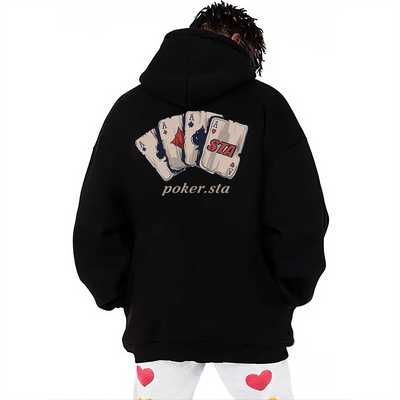 STA旗舰店扑克牌连帽卫衣男女美式潮牌高街复古重磅纯棉黑色外套