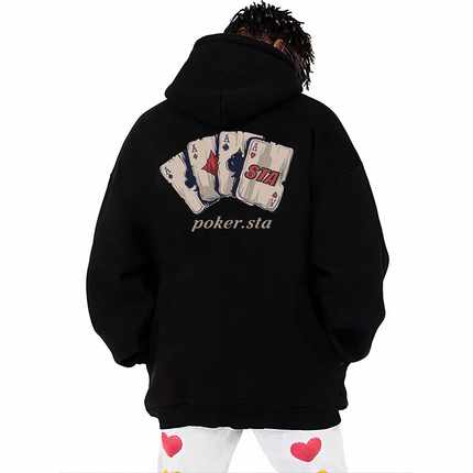 STA旗舰店扑克牌连帽卫衣男女美式潮牌高街复古重磅纯棉黑色外套