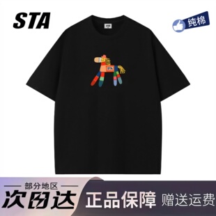 复古高街纯棉黑色t恤 男女夏季 STA旗舰店美式 潮牌小众设计感短袖