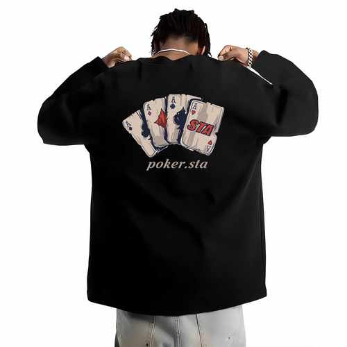 STA旗舰店扑克牌长袖T恤男女秋冬季美式潮牌重磅纯棉情侣宽松卫衣