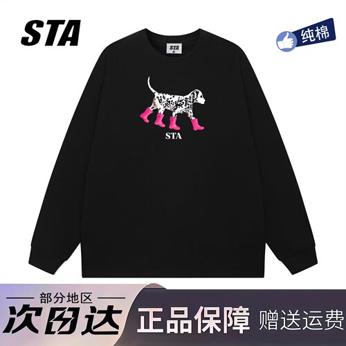 STA旗舰店美式斑点狗印花长袖男女秋季新款复古高街纯棉黑色卫衣