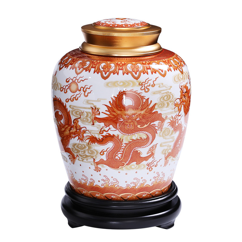高档中国风龙凤呈祥茶叶罐陶瓷中式三斤装金属双盖带底座家用茶罐