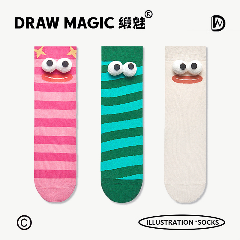 春秋袜子女凸凸眼睛搞怪丑萌中筒袜条纹外穿网红款潮流秋冬长袜棉