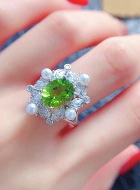 天然橄榄石贝珠戒指高净度全净体颜色超好尺寸8-10精工925银镶嵌