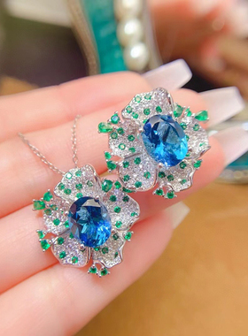 天然伦敦蓝托帕石豪华套装高端大气上档次花花款精工s925银镶嵌