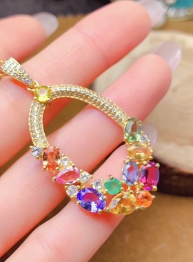 925银镶嵌天然彩宝黄水晶，祖母绿，彩蓝宝，坦桑石，镁铝石榴石