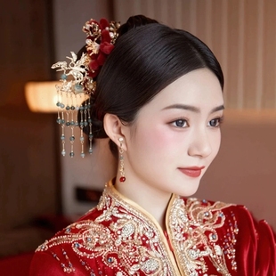 红色龙凤褂秀禾服新中式绒花头饰女新娘秀禾大气高级簪子2025新款