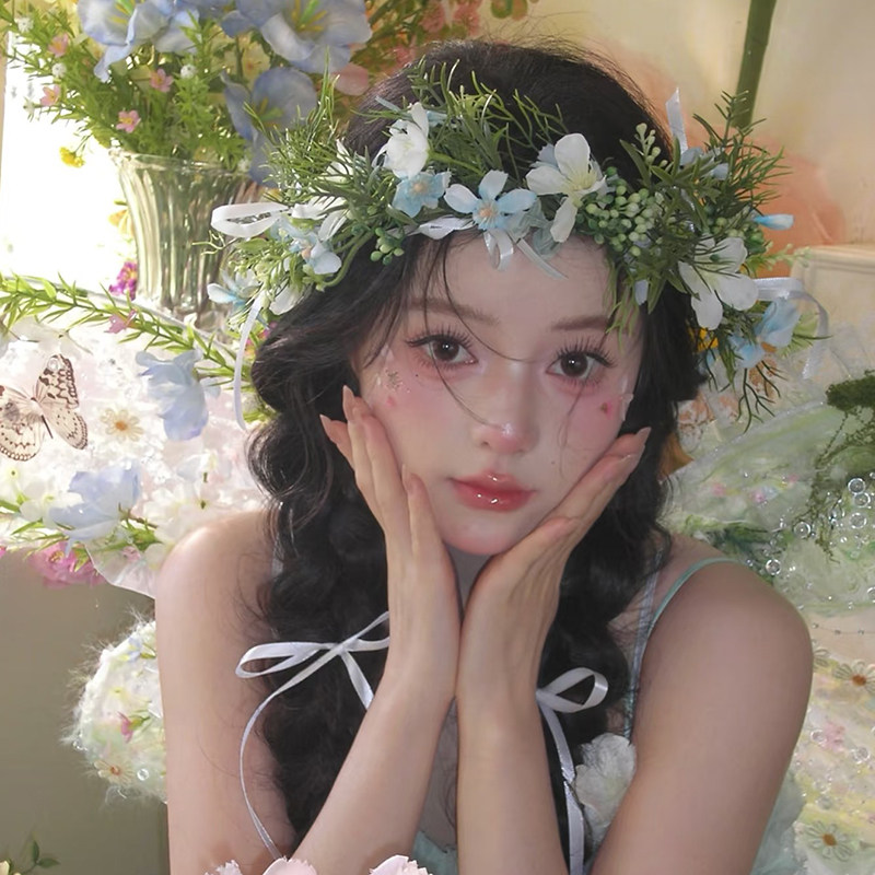 新娘森系仿真花环日韩仙气花朵发饰户外结婚礼绿草造型拍照配饰品