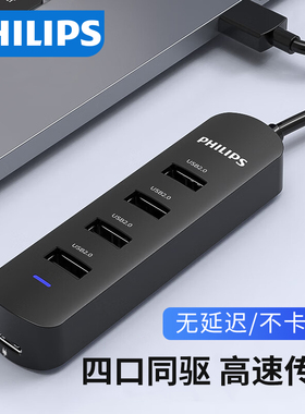 飞利浦usb扩展器2.0分线器多接口适用于笔记本电脑转换器外接一拖四usp插头多孔集线器加长拓展坞hub延长线