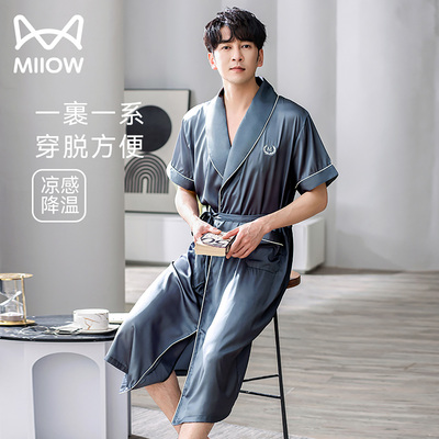 猫人男士夏天浴袍洗完澡穿的睡袍