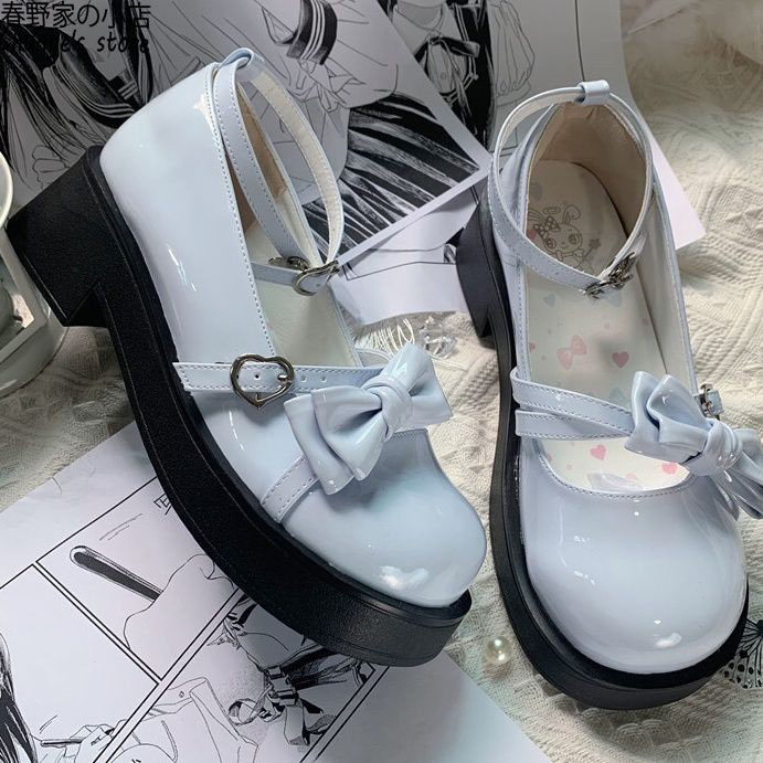 可爱蝴蝶结黑色小皮鞋女春野家