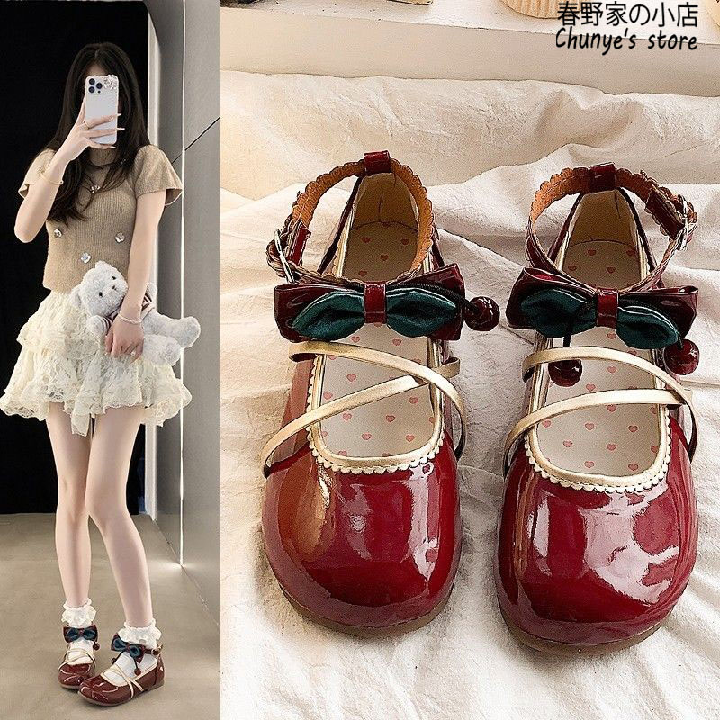 樱桃lo鞋酒红色质感洛丽塔春野家