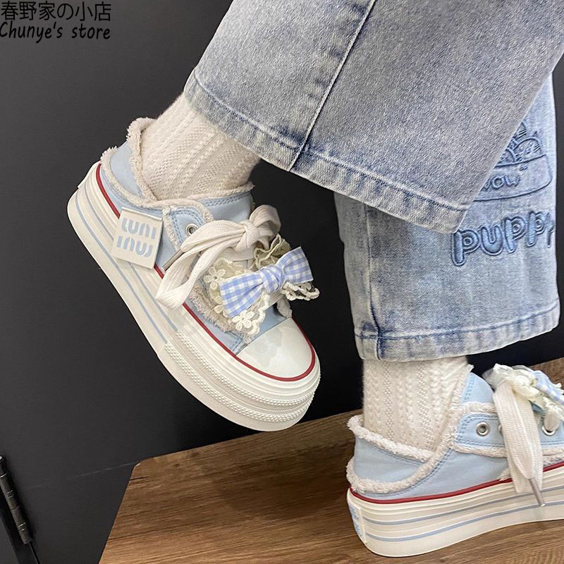 原创小众蝴蝶结帆布鞋春野家