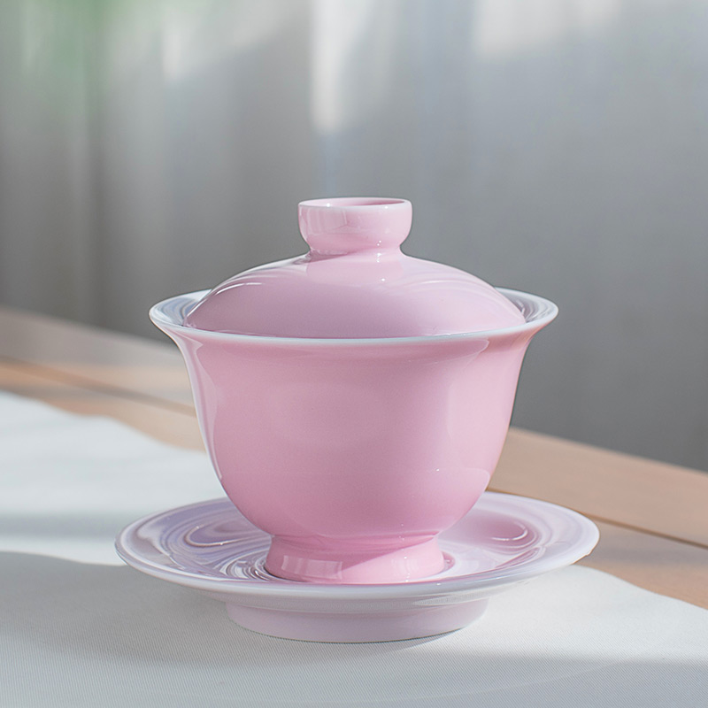 陶瓷青瓷粉色纯色圆形盖碗茶杯少女粉单个大号泡茶功夫三才盖碗